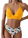 Joligiao Mujer Bikini Sexy Traje de Baño 2 Piezas Cuello en V Bikinis Brasileño con Triángulo Bañadores Bikini Top y Braga Cintura Alta Conjunto de Bikinis(Amarillo,L)