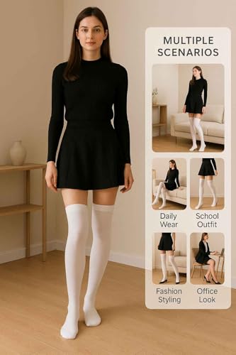 Image of AVIKAR White Thigh-High Stockings for Girls & Women | Soft Stretch Over-the-Knee Stockings | School Uniform Formal Socks | Dance & Ballet Tights | Comfortable Long Knee High Socks pack of 1