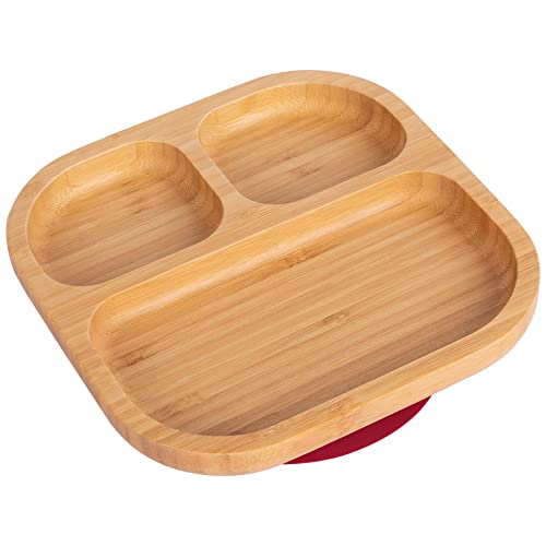 Tiny Dining Baby Plate with Suction Cup - Segmented - Red - Divided Non-Slip Bamboo Self-Feeding Baby Weaning Plate for Babies, Toddlers, Children