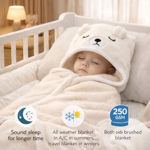 Image of BRANDONN Baby Blankets New Born Pack of Hooded Wrapper Blanket Or Baby Bath Towel (Cream Dog, 0-12 Months, 75 cm x 75 cm)