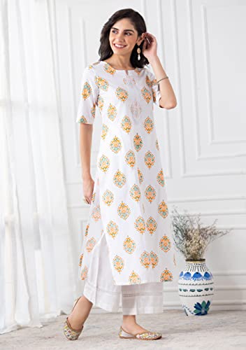 Image of Rhysley White Multi-Colour Motif Printed Cotton Kurta