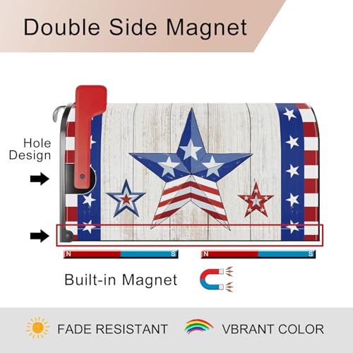 Image of 4th of July Patriotic Blue Red Star Mailbox Cover Magnetic Standard Size 21x18 Inch Independence Day Memorial Day Decorative Post Letter Box Wrap Decor Garden Yard Decoration
