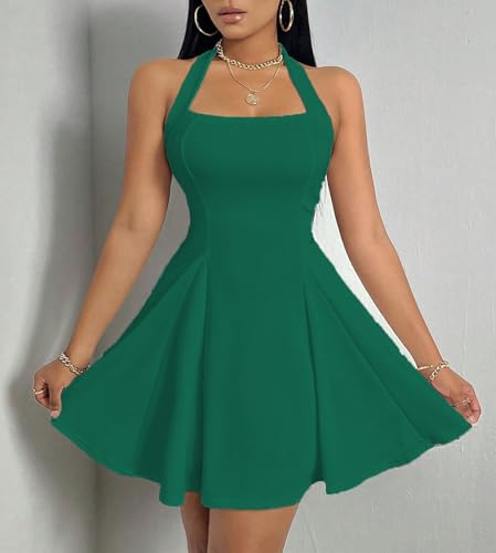 Image of PerZeal Women's Summer Halter Dress Backless Mini Beach Party Dress Sleeveless A-Line Sundress Casual Club Dress