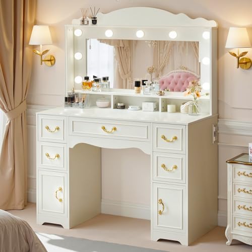 JanflyHome Vanity Desk with Mirror and Lights- 57‘’ W Large Makeup Vanity Table with Power Outlet & 5 Drawers, 3 Colors and Brightness Adjustable, Modern Dressing Table for Bedroom, White