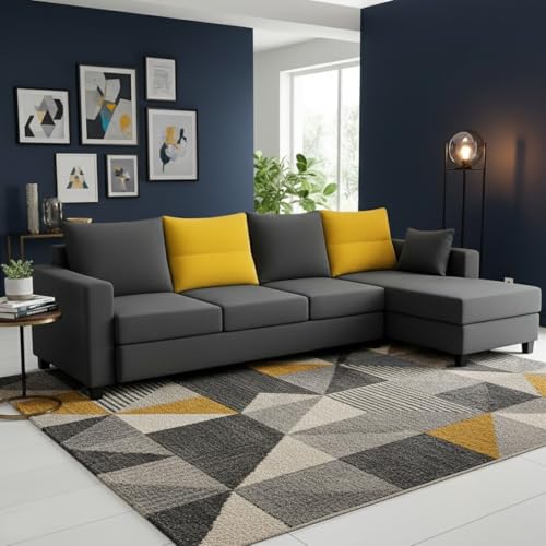 Image of CASASTYLE Texon 5 Seater Fabric RHS L Shape Sofa Set (Yellow-Dark Grey) Velvet Finish Comfortable Sectional Sofa Set