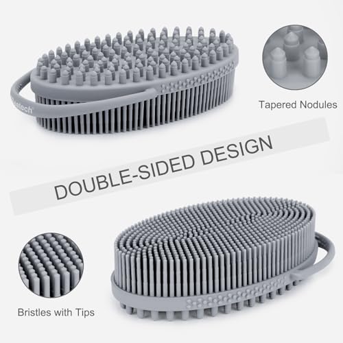 Image of FREATECH Silicone Body Scrubber with Loop Handle, Gentle Exfoliating Bath Shower Scrubber Body Scrub Brush for Men Women Kids, Sensitive Skin, More Hygienic Than Loofah, Easy to Clean, Grey
