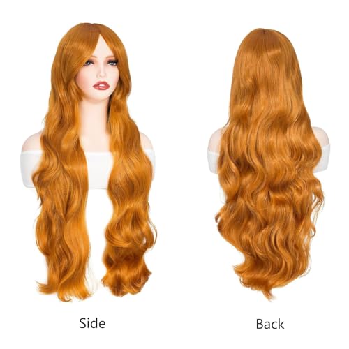 Image of Rose bud Hair Cosplay Wig with Bangs Orange 32 Inches Long Wavy Wigs for Women Lady Halloween Anime Party