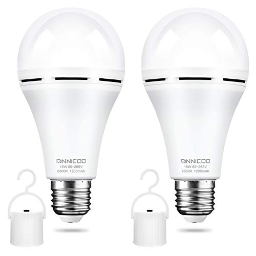 Rechargeable Emergency Light Bulb for Power Outage Battery Operated 6500K 1200mAh 15W 80W Equivalent LED Bulb with Hook for Home Power Failure, Camping, Hiking, Hurricane (Daylight)