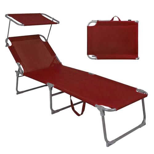 Montafox Sonnenliege 195 x 59 x 32 cm Strand Liege Tragbar max.150 kg Sonnendach Verstellbar Rückenlehne Garten Pool Terrasse Klappbarer Liegestuhl, Farbe:dunkelrot