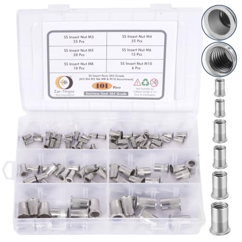 Image of Epi-Torque Stainless Steel 304 Grade Flat Head Threaded Insert Rivet Nut Assortment Kit (M3 M4 M5 M6 M8 M10) with Storage Box - 101 Pieces