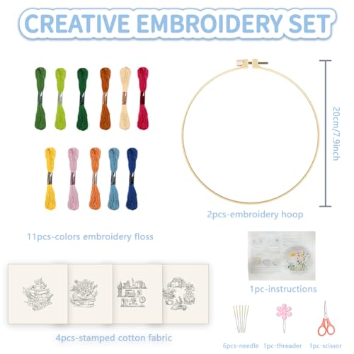 Image of FREEEBLOSS 4 Set 8'' Flowers Embroidery Kit for Beginners Stamped Books and Flowers Pattern Embroidery Kit Cross Stitch Kit Embroidery Starter Kit with Instructions, Embroidery Hoops