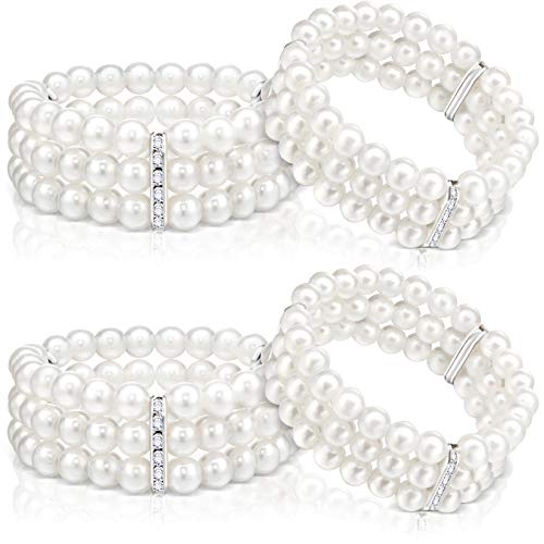 4 Piece Faux Pearl Bracelet 3-Row Pearl Stretch Bracelet Multilayer Pearl Elastic Bangle for Wedding Jewelry 1920s Costume
