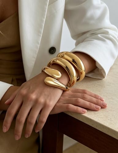 Image of Chunky Gold Bangle Bracelets for Women, Dainty 14k Gold Plated Big Stackable Bangles Set, Trendy Statement Cuff Bracelet Stack Fashion Jewelry Gifts