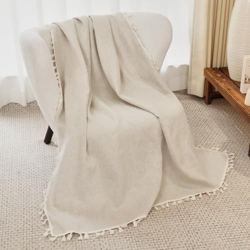 100% Pure Linen Blanket with Fringe, 49.6" x 59.8" - Blankets Lig...
