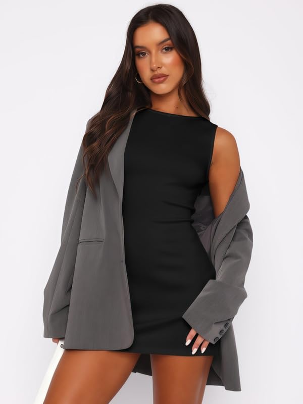 Robe Moulante Femme d'Été Sexy sans Manches col Bateau Robes Courte Chic et Elegant Mini Robe Décontracté A Ligne Bodycon Robes de Clubbing Soirée Cocktail Fête Bal Rave Outfit