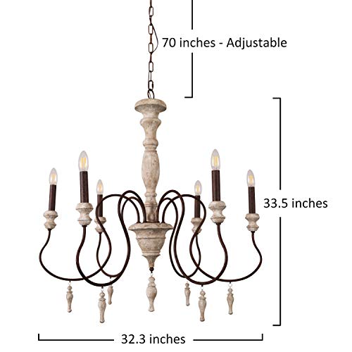 6-Light Farmhouse Wooden Chandelier With Drops, French Country Candle Wood Chandelier, Adjustable Chain #TOP3