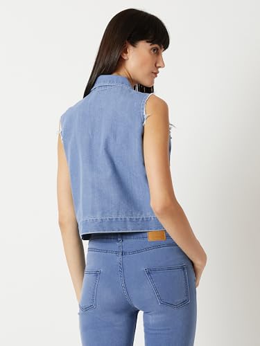 Image of Miss Chase Women's Polo Neck Full Sleeves Patch Pocket Denim Overcoat Knee-Length Jacket