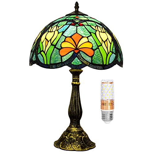 Lampe Tiffany Lampe de Table 12W18H Pouce Vitrail Style Ombre Verte PéTales Jaunes Luxueuse Table de Chevet Lecture Bureau Lumière Chevet Chambre Salon Hôtel Rural Cadeau d'un ami Blivuself Cover