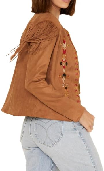 Women's Fringe Embroidered Jacket, Western Style, Suede, Camel