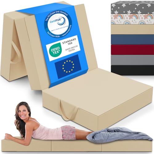 ELONEO Matelas d'invité Pliant en 3 Parties, Mousse Extra épaisse (15 cm), Lavable, Disque intervertébral Cube, Pliable, Adultes (Crème, 75 x 195 x 15 cm)
