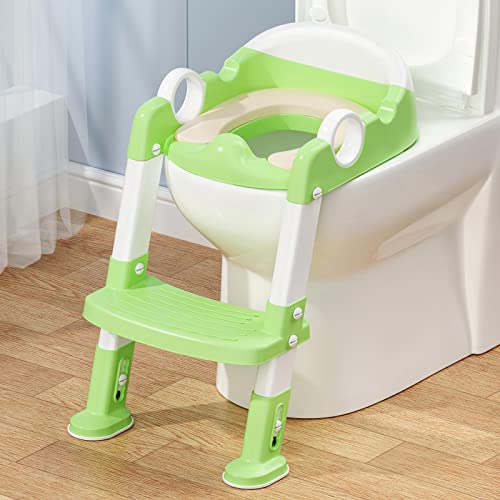 Image of Potty Training Toilet Seat with Step Stool Ladder for Boys and Girls,Toddler Kid Children Toilet Training Seat Chair with Handles,Height Adjustable,Non-Slip Wide Step(Green,Upgraded Leather Cushion)