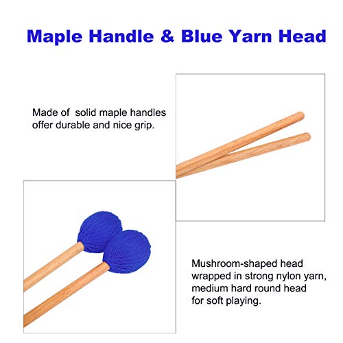 image for YUNNLEZT Marimba Mallets, Blue Medium Hard Mallets Yarn Head Keyboard 