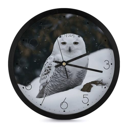 BVKWNTSA Horloge murale ronde élégante et simple en plastique avec motif hibou des neiges, chronométrage précis, décoration de chambre