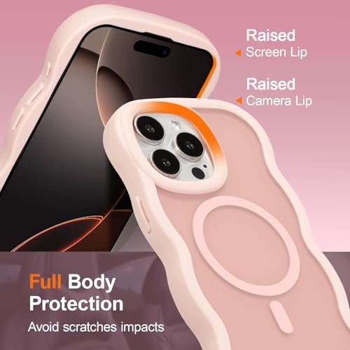 UEEBAI Magnetic for iPhone 15 Pro Max Case, Cute Cover Compatible with MagSafe, Transparent Clear Wave Design Wavy Frame Matte Phone Case- Pink - Image 5
