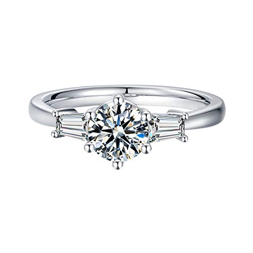 TwoBirch Platinum Plated 925 Sterling Silver 1 CT Round Moissanite Engagement Ring with Cubic Zirconia Baguette Side Stones (Sizes 5 to 9)4
