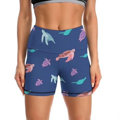 Sea Turtle Seamless Pattern High Waist Yoga Shorts for Women Athletic Shorts Leggings Running Pants Black