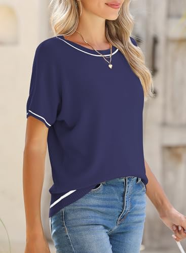 Image of SHEWIN Womens Tops Trendy Short Sleeve Shirts Crewneck Lightweight Knit Sweater Top Business Casual Outfits