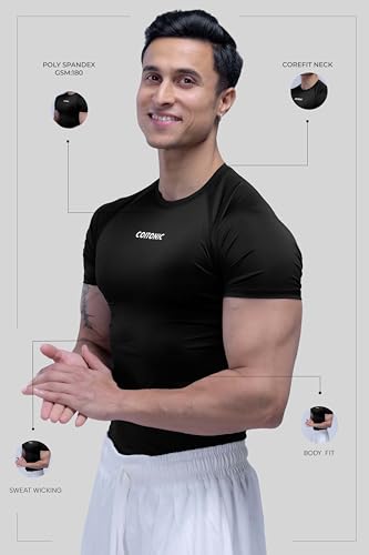 Image of COITONIC Men's Half Sleeve Compression T-Shirt - Athletic Base Layer for Gym, Sports & Fitness Training