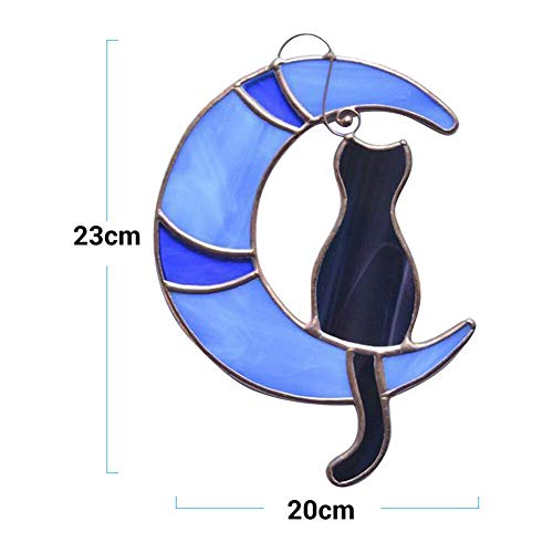ISAKEN Stained Glass Panels Cat On The Moon, Stained Glass Cat Hanging Ornament - Image 3