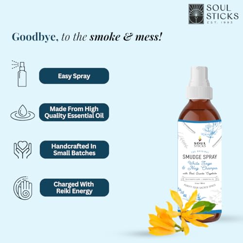 SOUL STICKS White Sage & Nag Champa Smudge Spray – 3.5oz Smokeless Cleansing Mist with Quartz Crystals – Spiritual Aromatherapy Spray for Meditation, Yoga, Home Energy Clearing & Relaxation