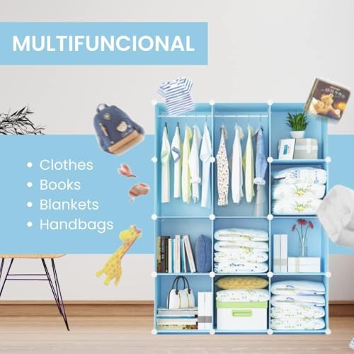 Image of Sunderlook Plastic Wardrobe for Kids Clothes - Collapsible Wardrobe, DIY Foldable Baby Almirah for Clothes, Heavy Duty Freestanding Storage Baby Cupboard for Kids (Blue-KTI2, 12 Door)