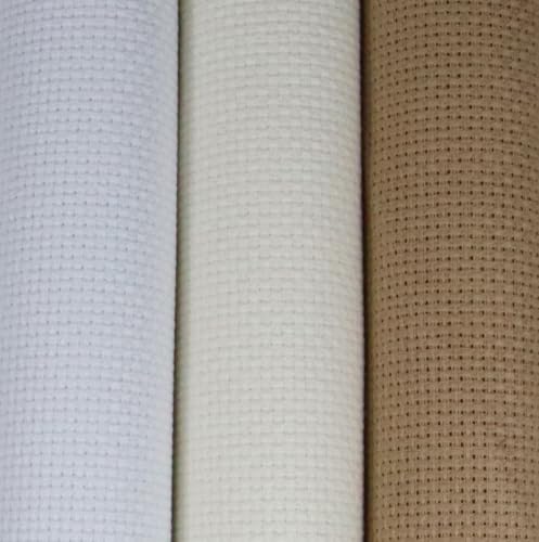 Image of KCS 3 pc of 15 inch x 18 inch(38cmx45cm) 14 Count Cross Stitch Cotton Aida Cloth Needlework Rolled Fabric Box,14CT,White+Antique White+Khaki