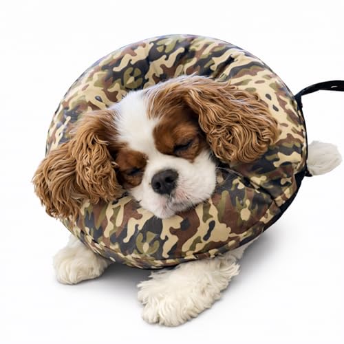 Comfy-K9 Camo Cone - Inflatable Dog Cone with Soft Camouflage Design, Adjustable Blow Up Donut, Machine Washable, Small Size Collar for Comfortable & Stylish Pet Recovery