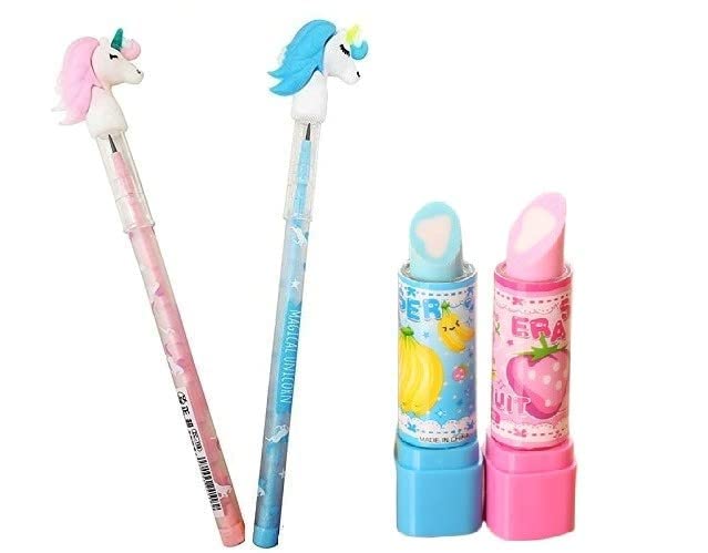 Combo of 2 Unicorn Pencil and 2 Lipstick Shape Eraser| Beautiful Attractive and Unique Design Non- Toxic Eraser with Non Sharpening Push Bullet Pencil for Kids(Multicolor, Multi Design) (Pack of 4) (B0C1JMY1BW) Amazon Price History, Amazon Price Tracker