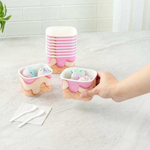 Image of Restaurantware Paper Cups 200 Count 12 Ounce Square Disposable Ice Cream Containers, Leak-Resistant Paper Dessert To Go Cups, Hot And Cold Food, Durable Vanilla Strawberry Swirl, Lids Sold Separately