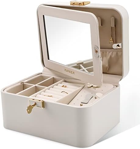 KAMIER Jewelry Box, 2 Layers PU Leather Jewelry Organizer Box, Large Capacity, Double Lock and Large Mirror, Hidden Necklace Hooks, Removable Dividers, Gift Box Packaging, Grey