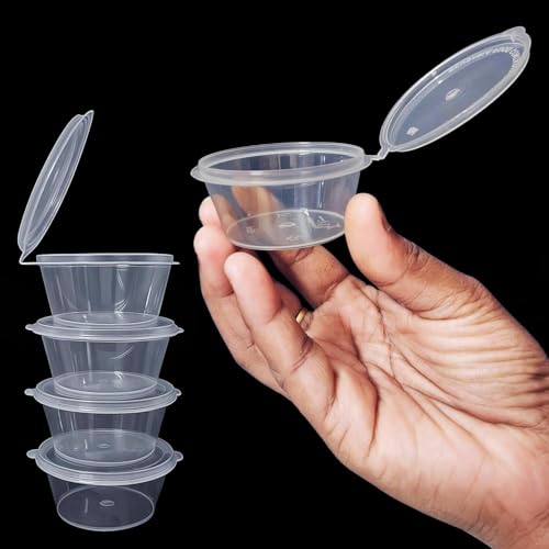 Image of Catloom | Pack of 50 | - 50ml Mini Container with Attached Lids | Reusable Food Container | Transparent Small Disposable Containers for Food, Sauce, Chutney, Samples (Transparent +Attached Lids)