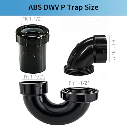 Image of LESSO ABS Adjustable P Trap 1 1 /2 Inch, for RV Drain Bathroom Kitchen Sink | Drain Pipe, Tubular Kit, White Threaded Adapter Ring, DWV Black (HUB x SJ)