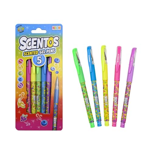 Scentos Fratelli Scented Non-Toxic Neon Gel Pens - Pack of 5 - Ideal for Drawing Colouring Writing and Gift - Designed in USA