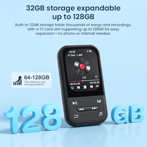 Image of AUDIOCULAR X20 Clip MP3 Music Player Bluetooth 5.3 with FM Radio Voice Recorder E-Book Video Player Pedometer Alarm Clock Portable Music Player 32GB Expandable to 128GB (Black)