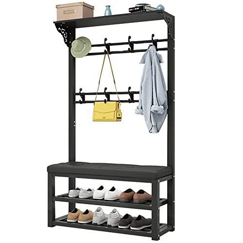 Bagewinner Perchero con Zapatero, Multifunción Perchero de Entrada con 3 Capas Banco y 9 Ganchos Extraíbles para Pasillo Sala de Estar Dormitorio, Estructura Metálica,Carga 100kg 100X35X172CM Cover