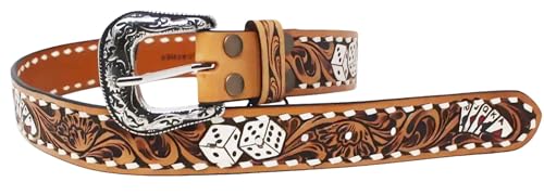 Cowboy Cowgirl Poker Western 1-1/2" Wide Hand Tooled Leather Belt 26FKPoker3