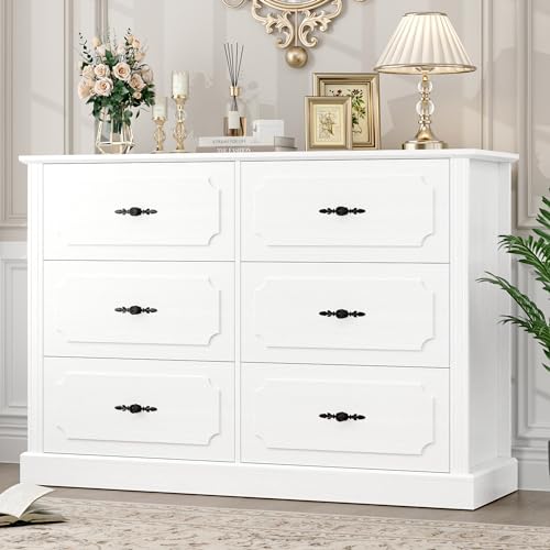 FINETONES White Dresser, 47.2'' Chest of Drawers, Farmhouse Dresser White Chest of Drawers with Large Storage, Storage Organizer for Home Office