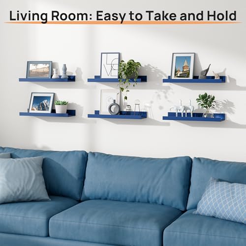 Image of upsimples Floating Shelves for Wall, Wall Shelves for Decor Storage Set of 6, Wall Mounted Wood Shelf for Bedroom, Living Room, Bathroom, Kitchen, 15.7 inch Long Picture Ledge Shelf, Navy Blue