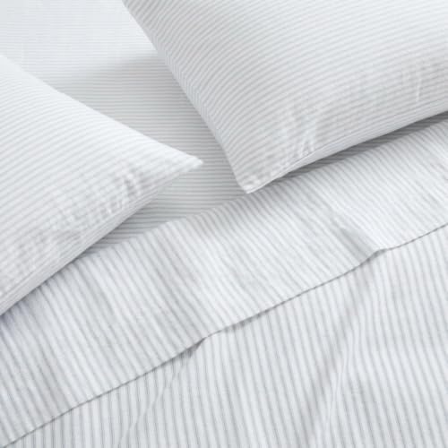 Image of Martha Stewart - King Sheet Set with Fitted Sheet & Pillowcases, Soft Cotton Flannel Bedding, Deep Pocket, Ticking Stripe Blue