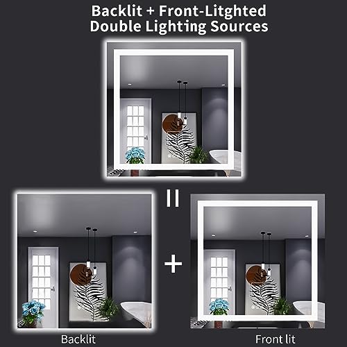 LOAAO 38"X38" LED Bathroom Mirror with Lights, Anti-Fog, Dimmable, Backlit + Front Lit, Lighted Bathroom Vanity Mirror for Wall, Memory Function, Tempered Glass, Shatter-Proof, ETL Listed